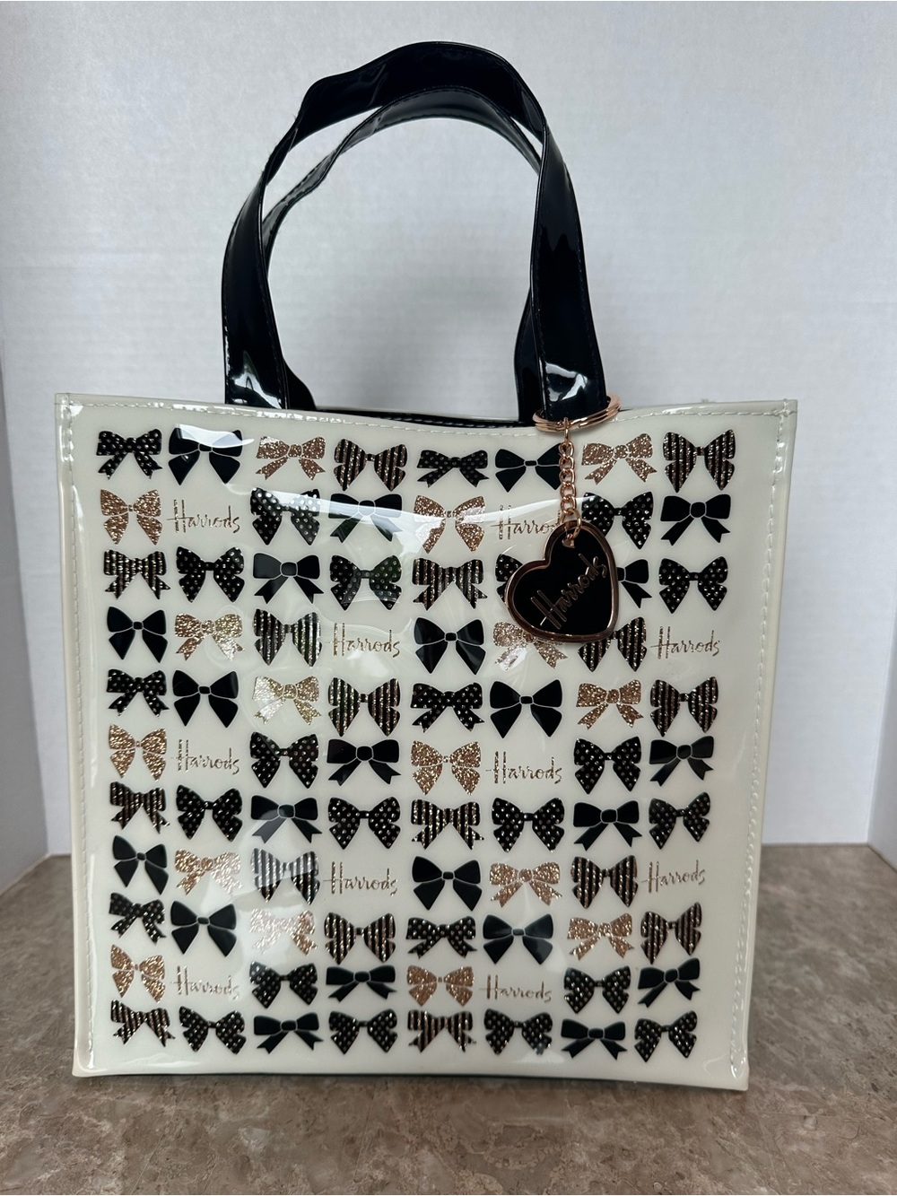 Harrods London Glitter Bow PVC Tote Bag Cream Black Gold Charm Designer Preppy
